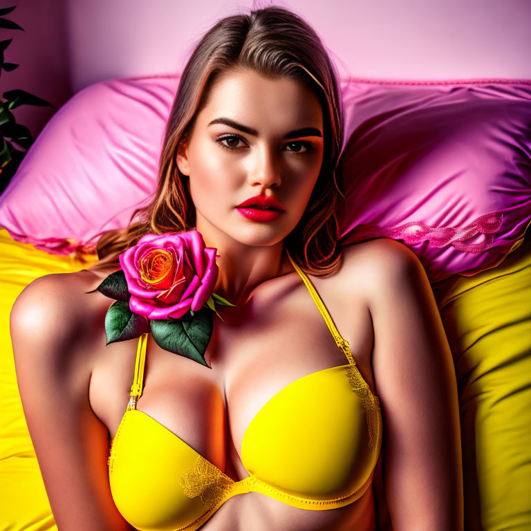 Woman in yellow bikini top with rose, lounging on vibrant pillows against pink backdrop.