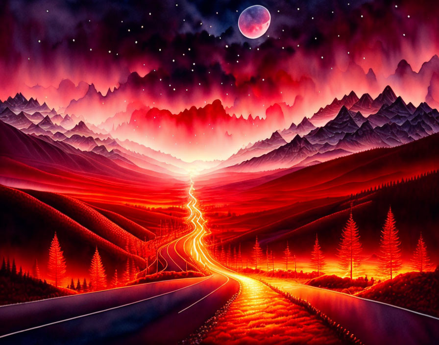 Luminous Road Through Crimson Mountains and Starry Sky