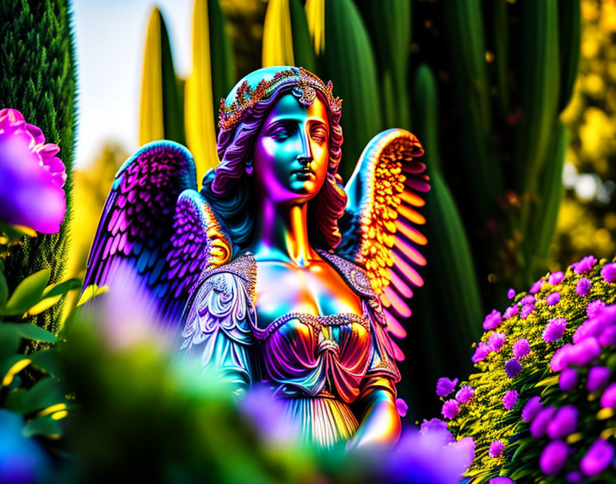 Colorful Angel Statue Surrounded by Blooming Garden