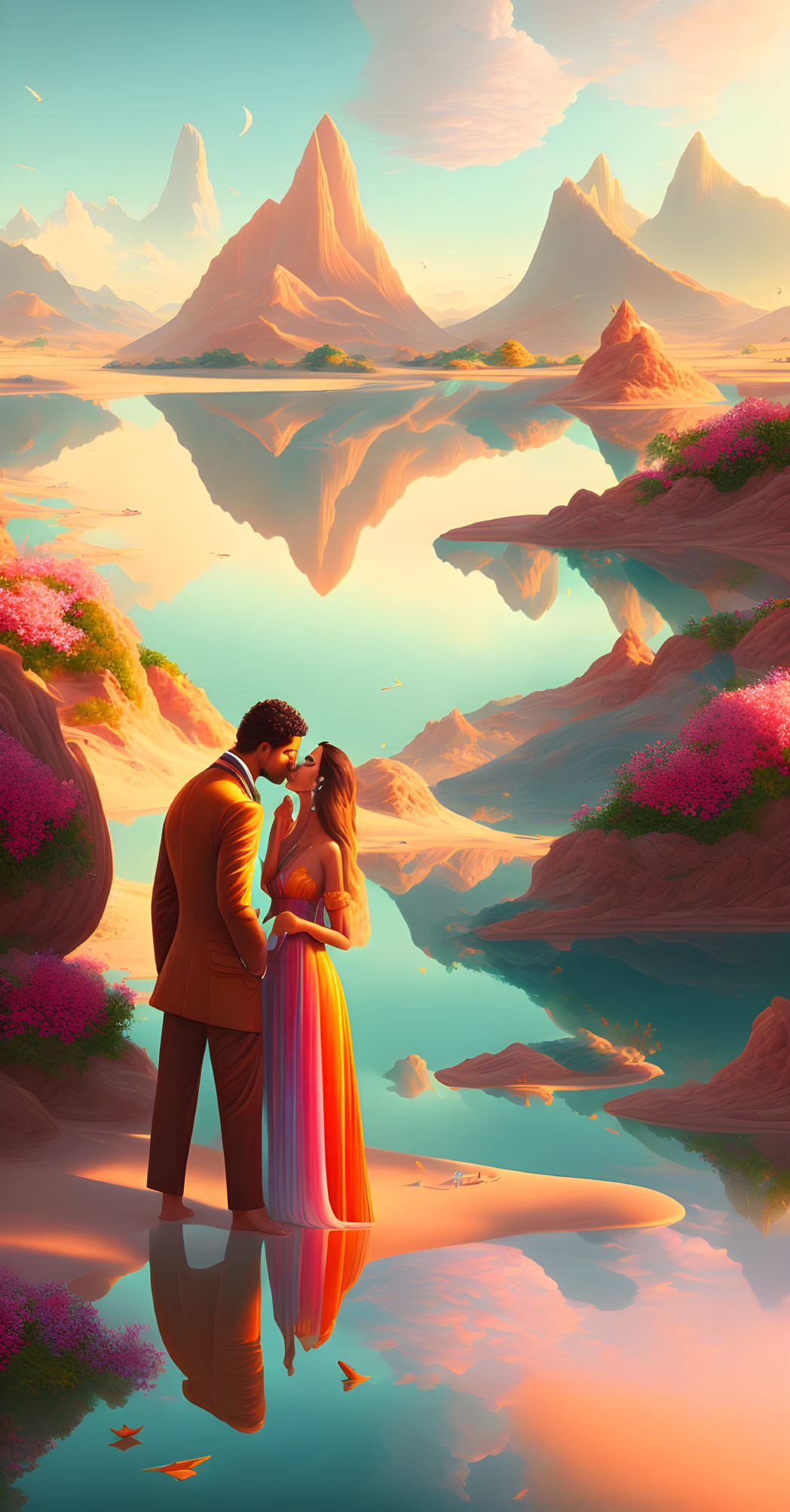 Couple on serene lakeshore with vibrant flowers, mountains, and mirrored lake