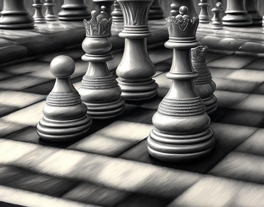 Chess pieces on board: pawn, rook, queen, and king