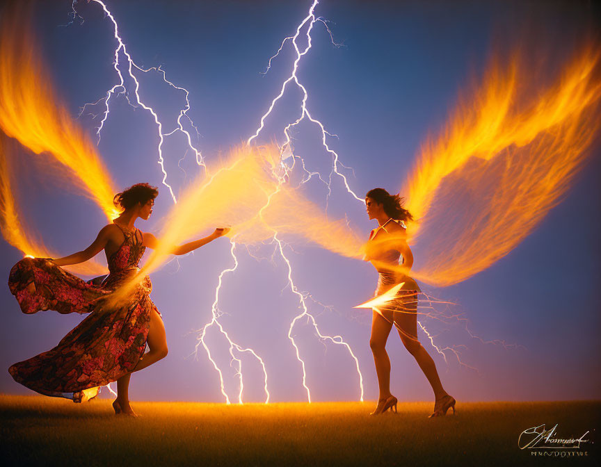 Fiery magical duel with dramatic lightning background