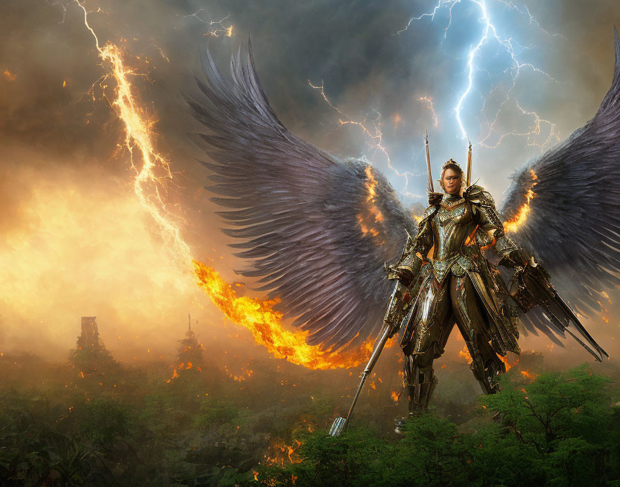 Majestic winged warrior in ornate armor with sword in ruins under stormy sky