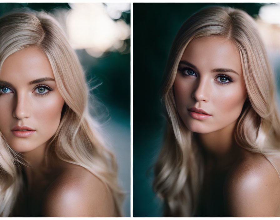 Blonde Woman with Blue Eyes in Two Portrait Styles