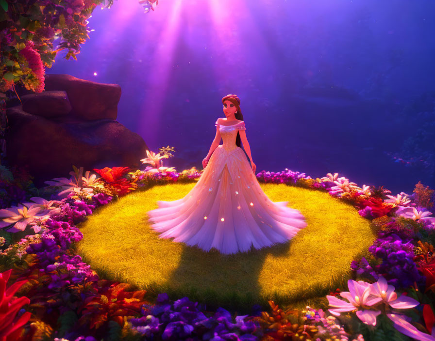 Glowing white gown animated princess in magical flower glade