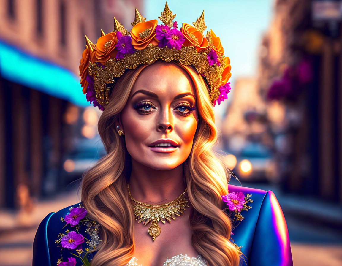 Elaborately made-up woman with floral crown on street backdrop