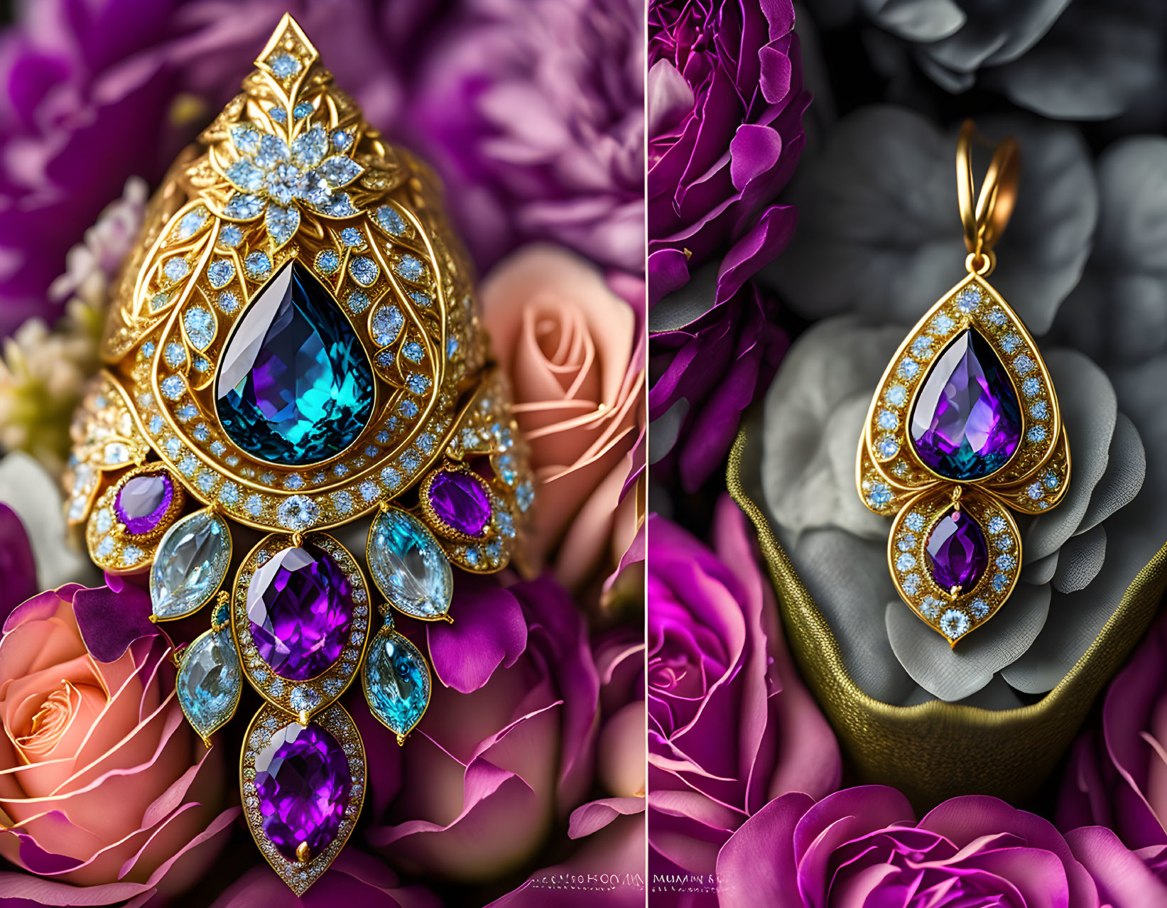 Gold Pendant with Blue and Purple Gemstones on Pink and Magenta Roses