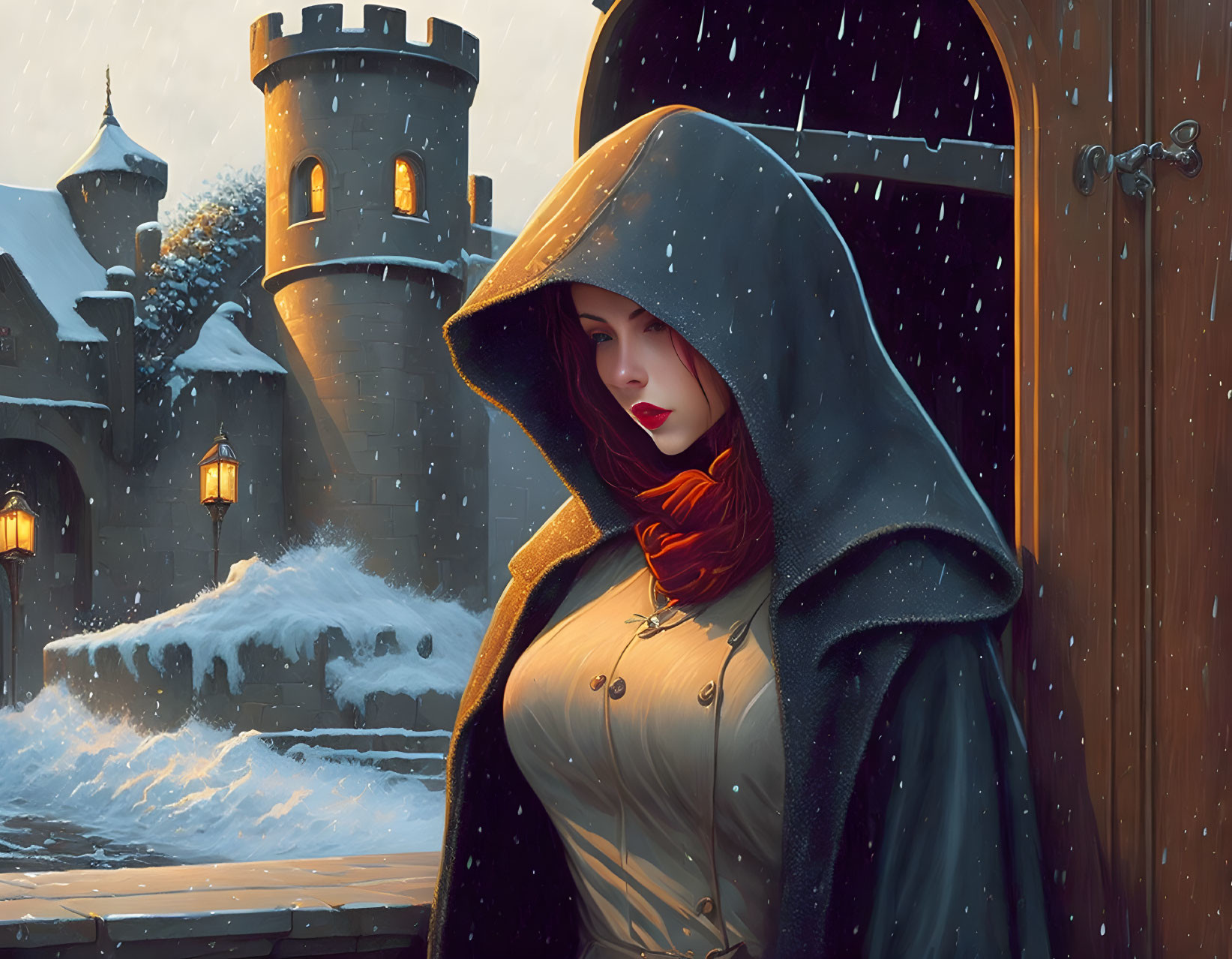 Cloaked figure at snowy castle gate in thoughtful pose