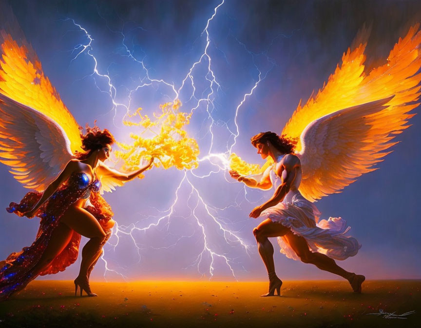 Angelic figures with fiery wings in dramatic lightning backdrop