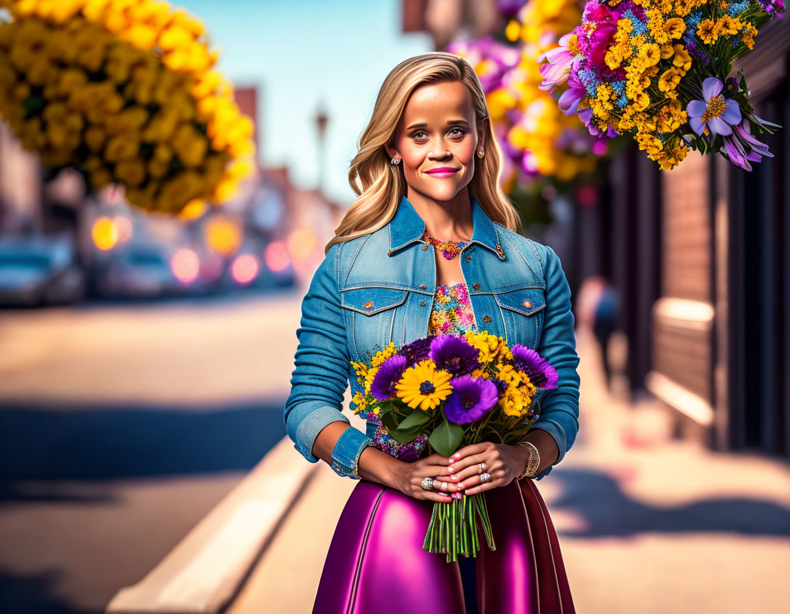 Smiling woman with bouquet on city street and flower baskets
