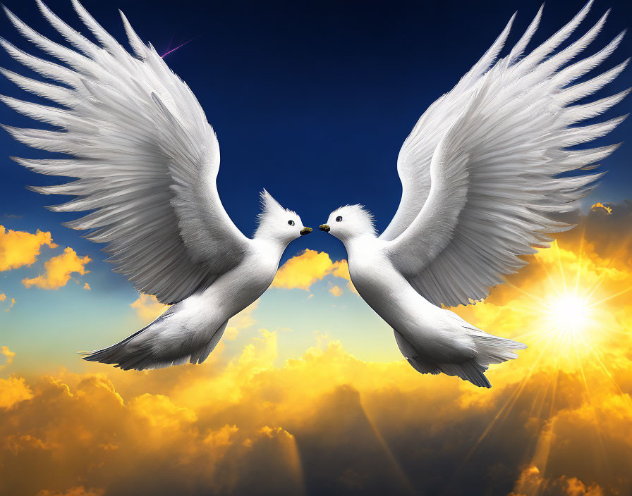 Pair of white doves in flight under dramatic sky with radiant sun