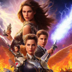 Four armed characters in ornate armor on fiery movie poster