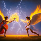 Fiery magical duel with dramatic lightning background