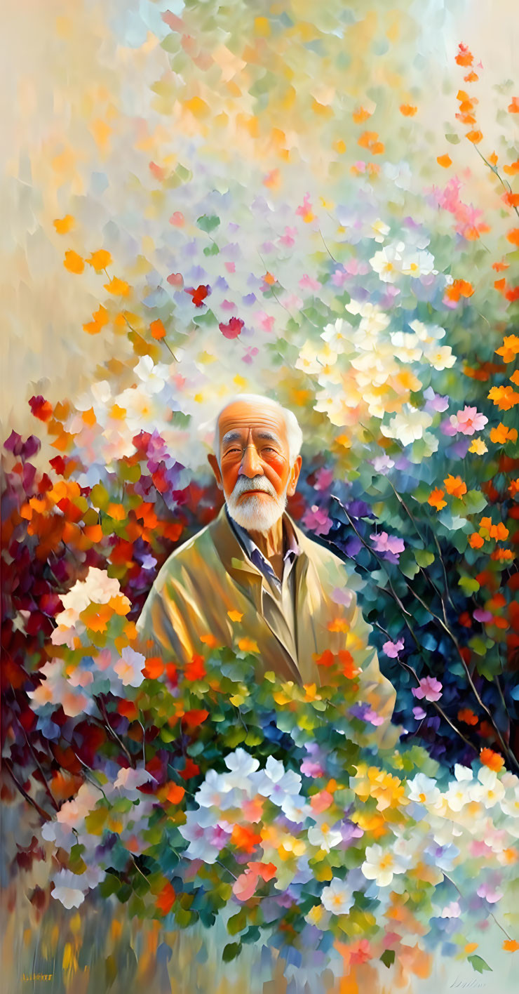 Elderly man with white beard surrounded by vibrant impressionistic flowers