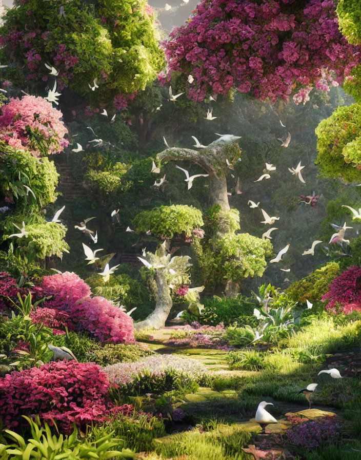 Tranquil garden path with pink flowers, greenery, birds in flight