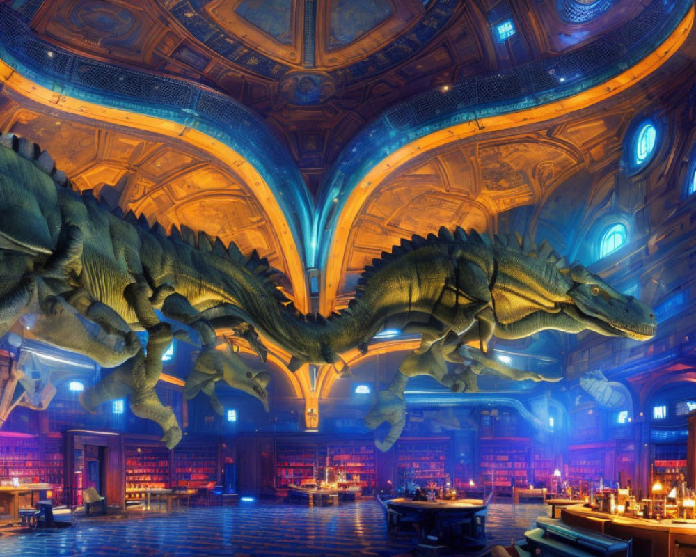 Ornate ceilings and blue lighting in fantastical library with green dragons