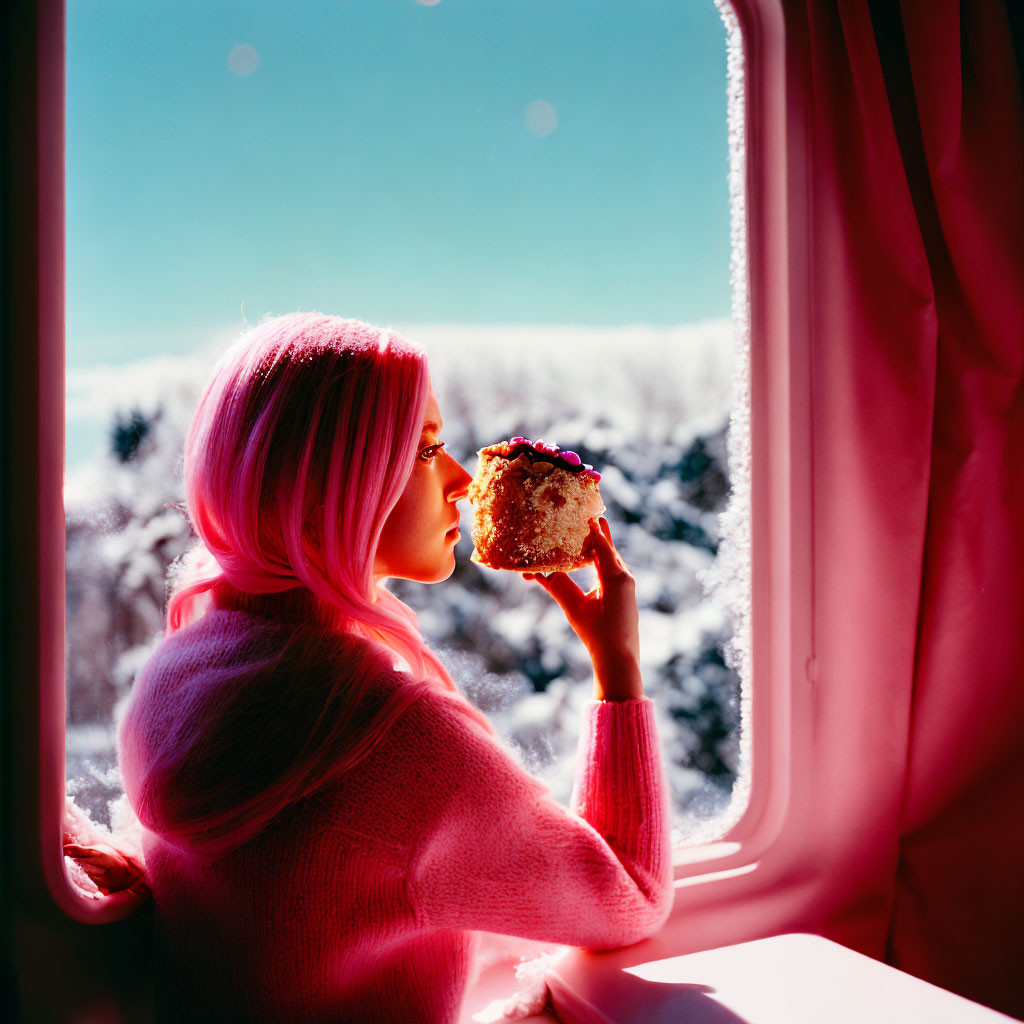 Pink-haired woman in pink sweater looks out window at snowy landscape with sandwich.