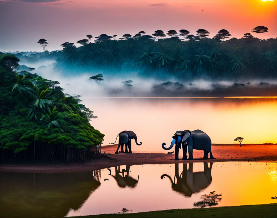Three elephants by water at sunrise with misty forest backdrop