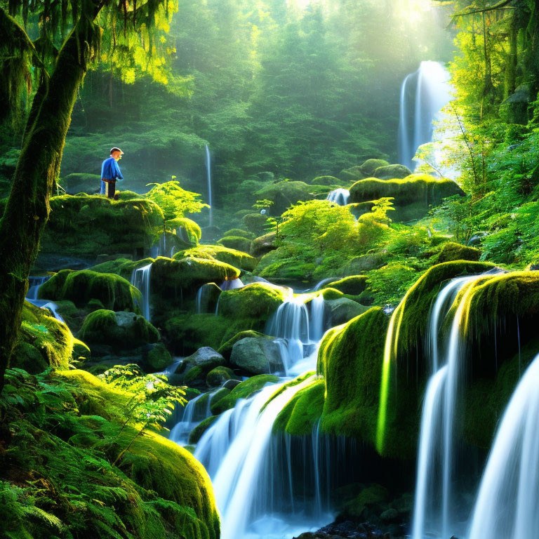 Scenic view of person on lush green outcrop with waterfalls and moss-covered rocks