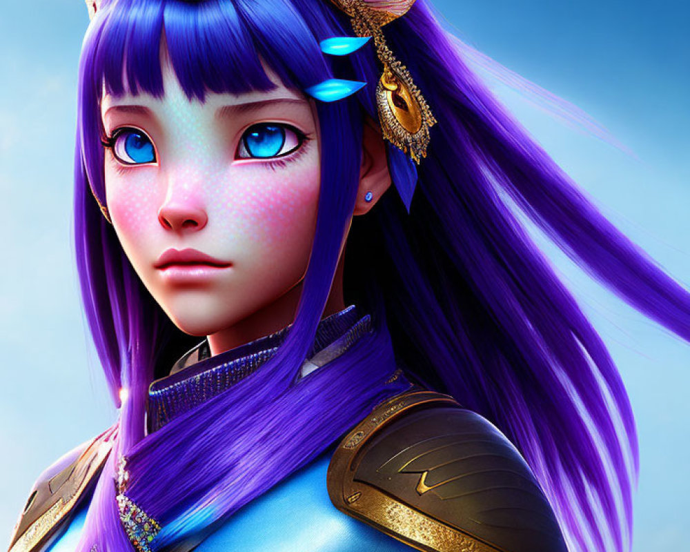 Fantasy character digital illustration with blue hair, elf-like ears, and gold & blue headpieces