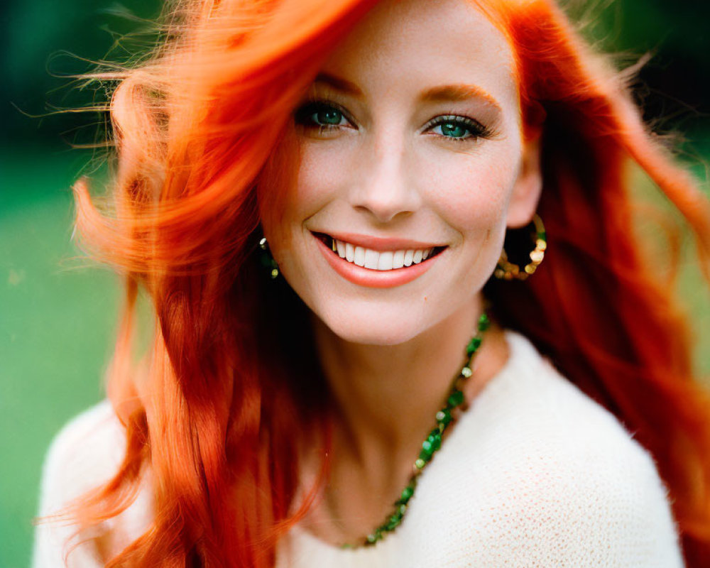 Smiling woman with red hair and green eyes in white sweater and jewelry on green background