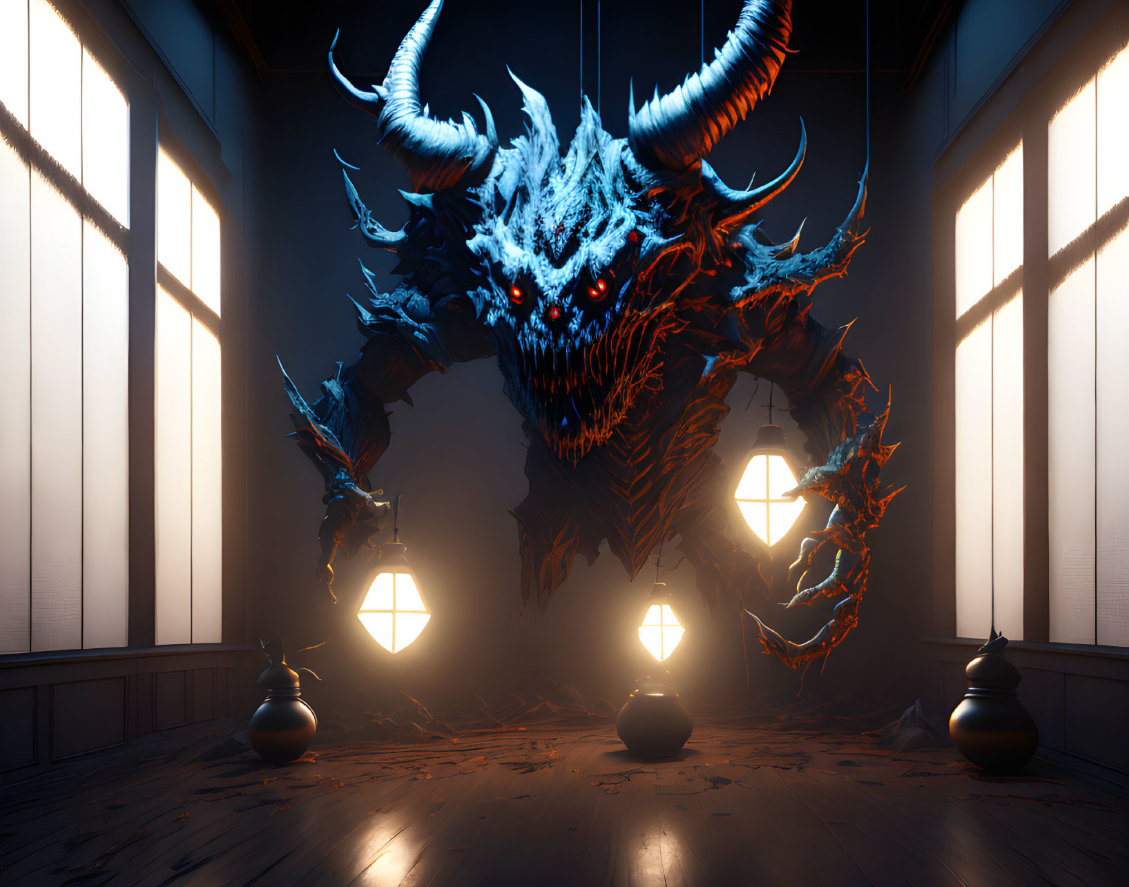 Sinister blue dragon with glowing red eyes in dim room