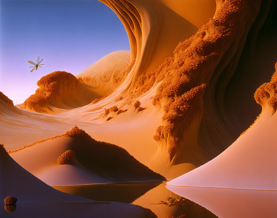 Surreal desert landscape with orange dunes and reflective water