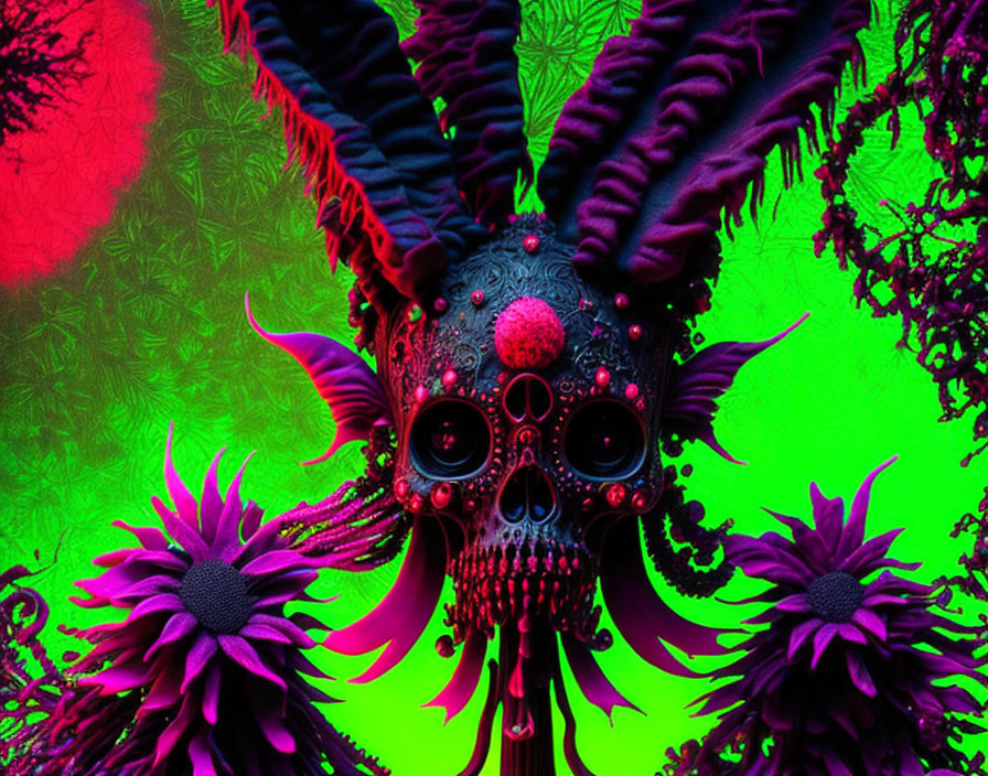 Colorful Digital Artwork: Skull with Horns & Purple Flowers on Neon Green Background