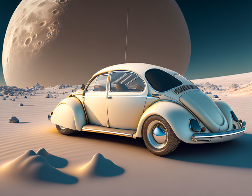 Vintage Beetle Car Parked in Desert Landscape Under Large Moon