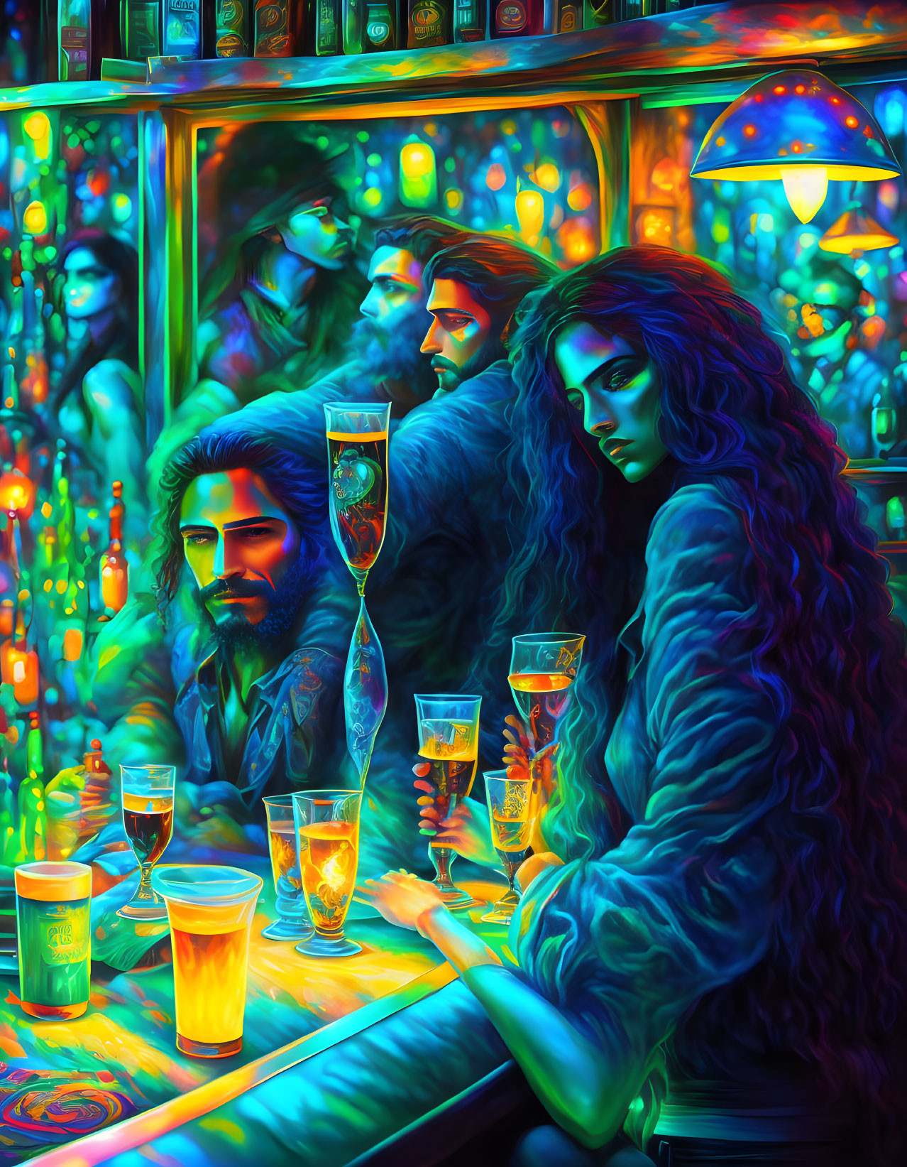 Colorful artwork: people in bar, neon lights, intense gazes, surreal vibe