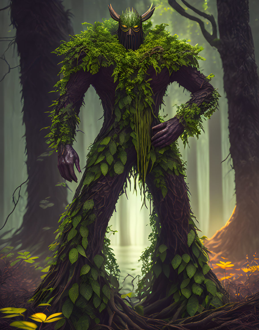 Forest creature with foliage body, horned helmet, and glowing eyes in misty forest