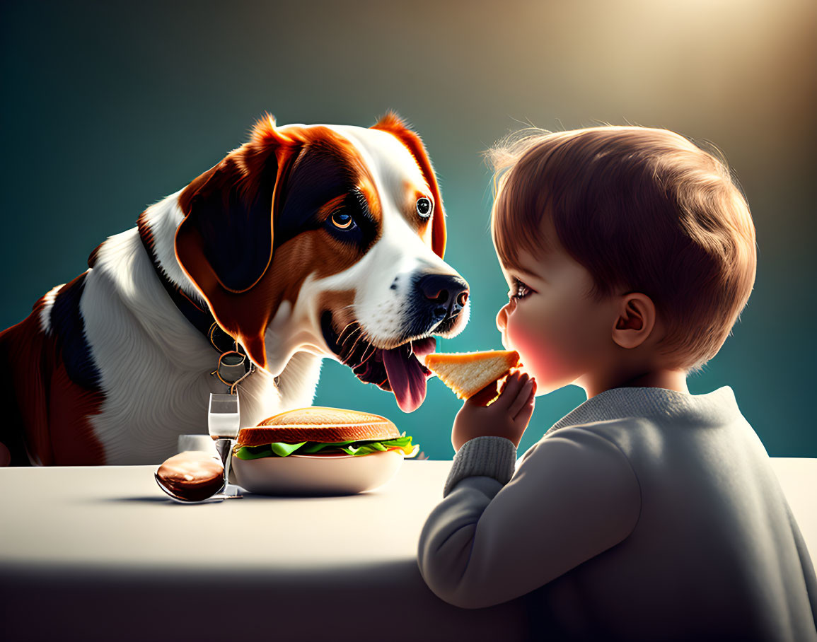 Toddler and beagle dog with sandwich under dramatic lighting