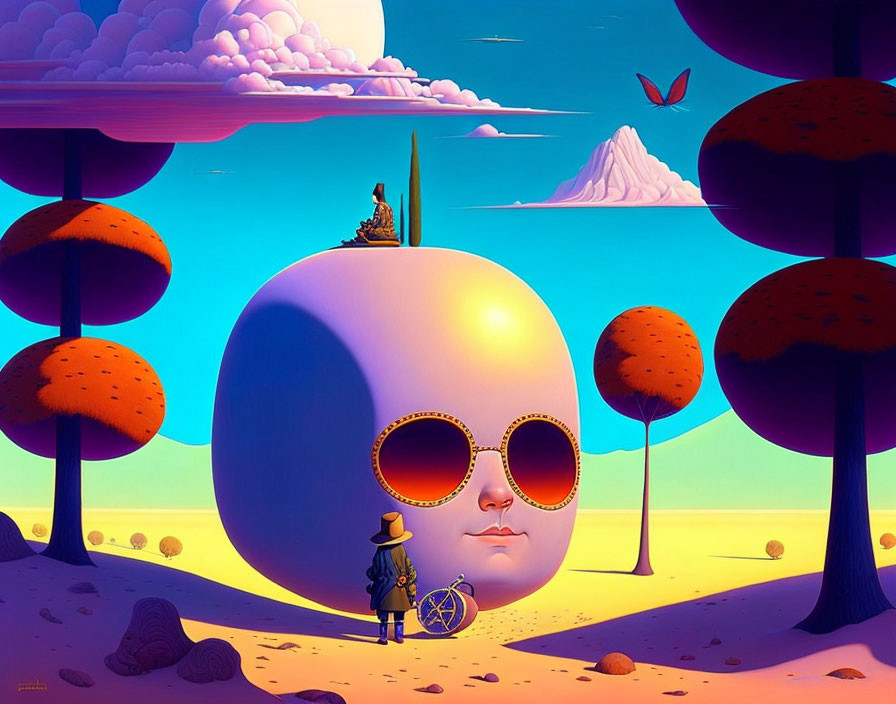 Surreal landscape with large face in cube form and whimsical colors
