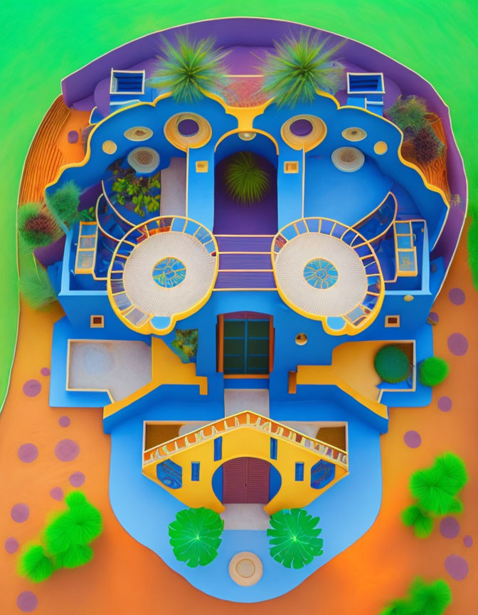 Vibrant skull-shaped structure with surreal garden details