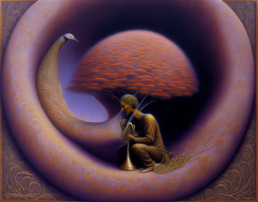 Surreal painting: person playing wind instrument under tree with peacock foliage, swirling border
