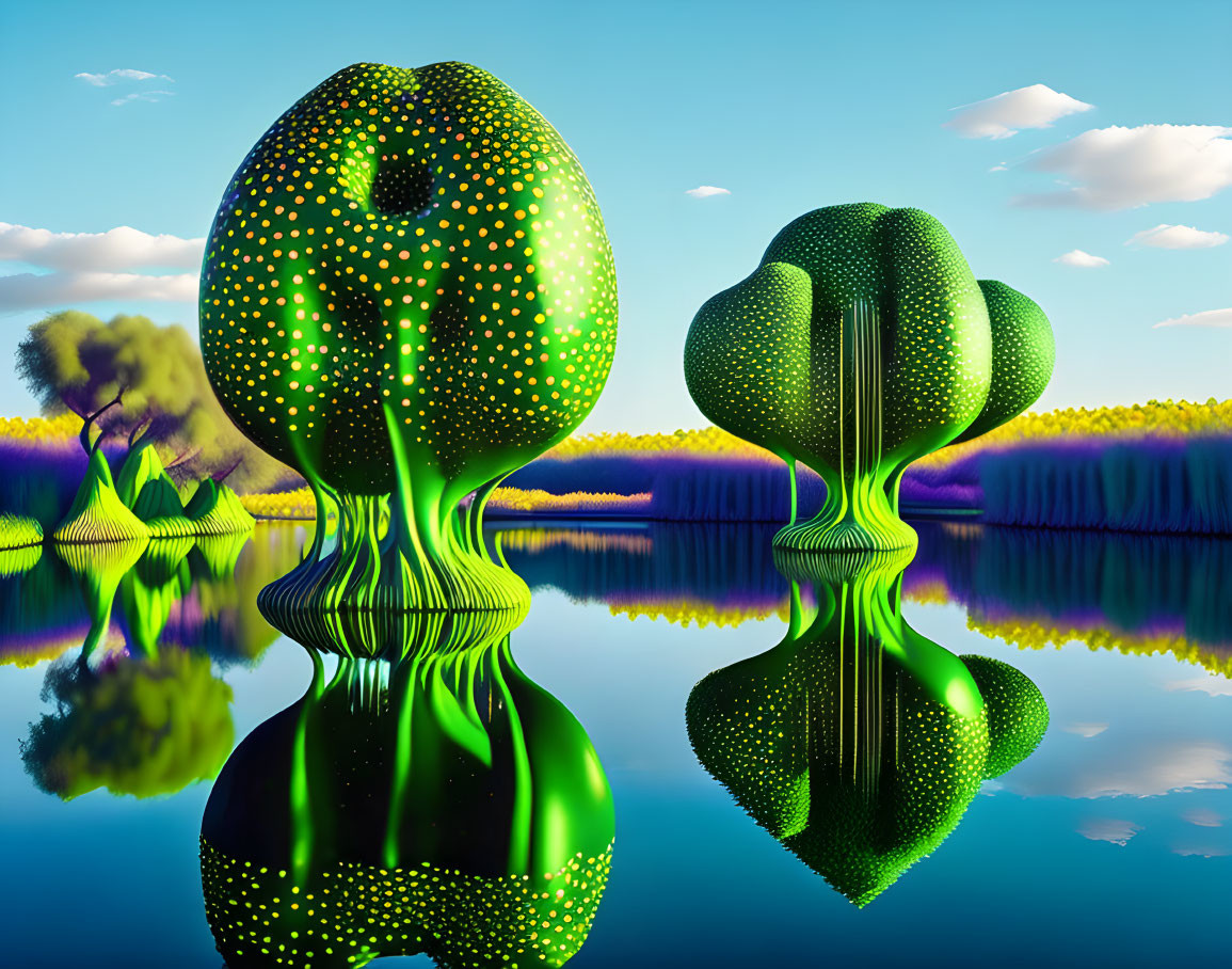 Vibrant surreal landscape with green tree-like sculptures and colorful trees under a blue sky