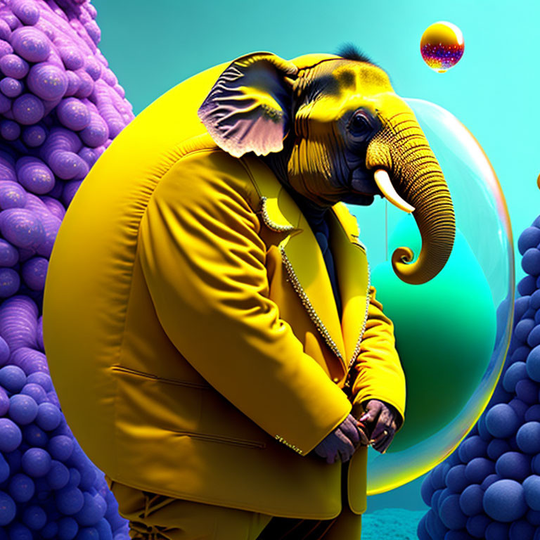 Elephant-human hybrid in yellow suit with bubble, purple coral, teal background