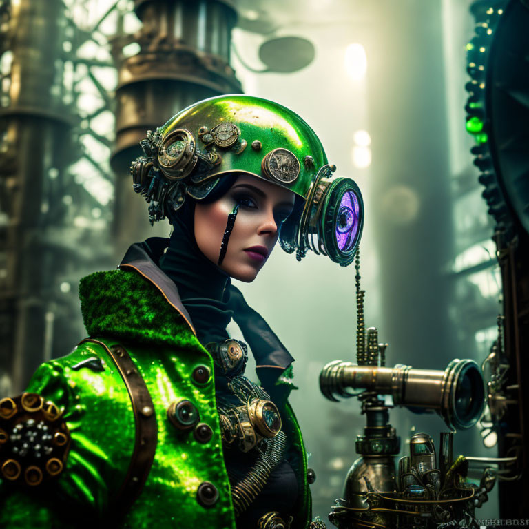 Steampunk woman in green jacket and helmet by industrial machinery