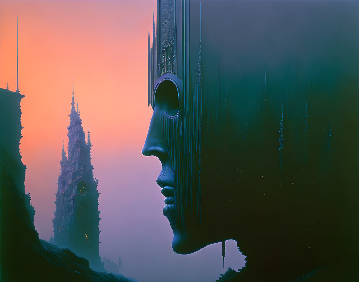 Surreal artwork: Human face merging with tower in misty landscape