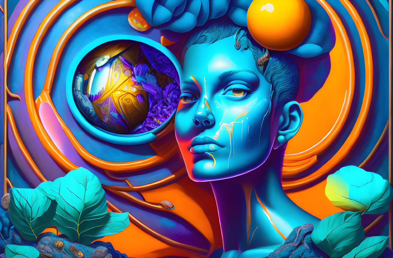 Colorful digital artwork: stylized woman's face with blue skin, abstract orange shapes, green leaves