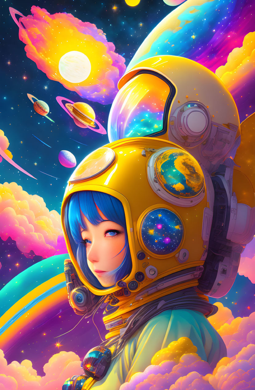 Colorful illustration of person in golden space helmet against cosmic background