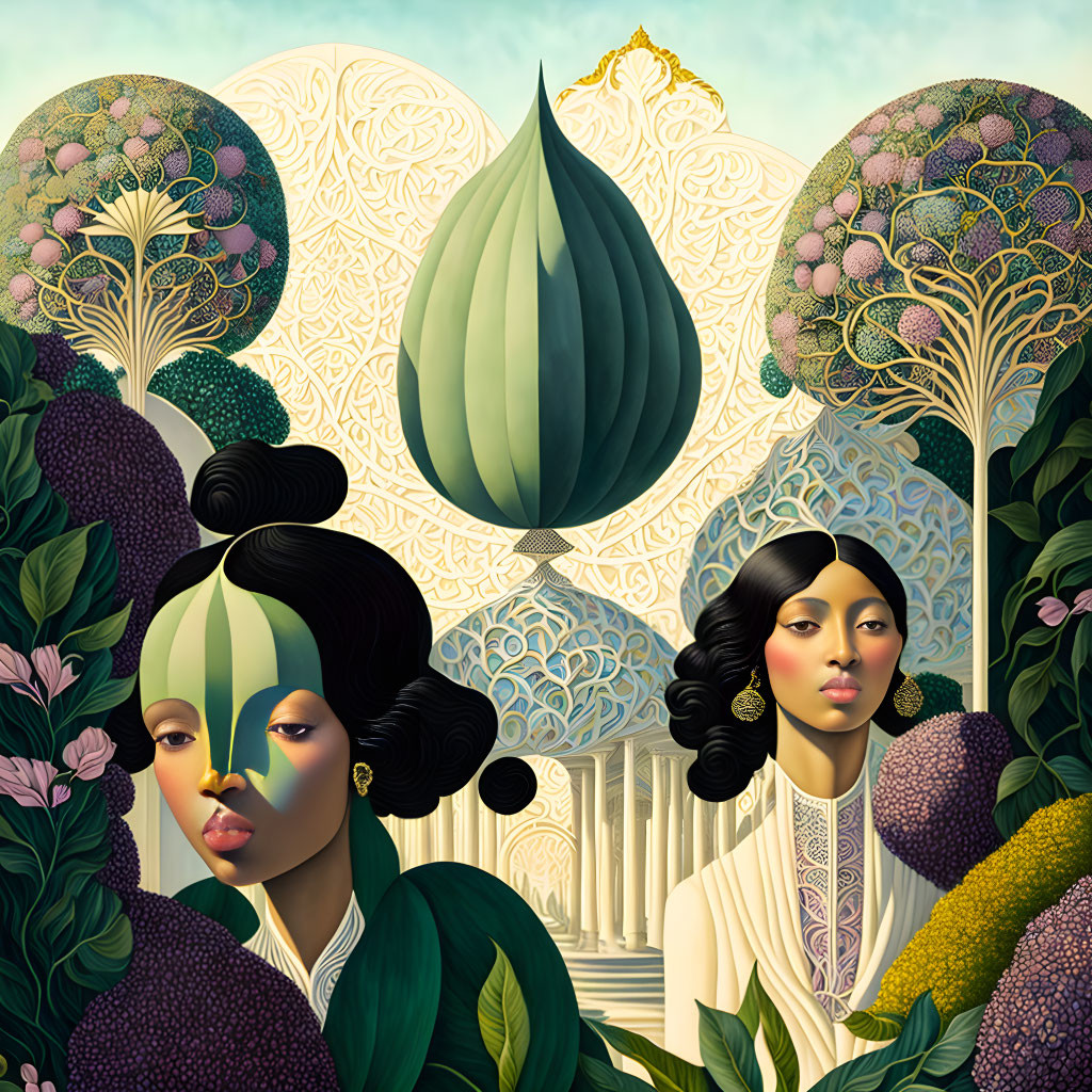 Stylized women with elaborate hairstyles in fantastical garden