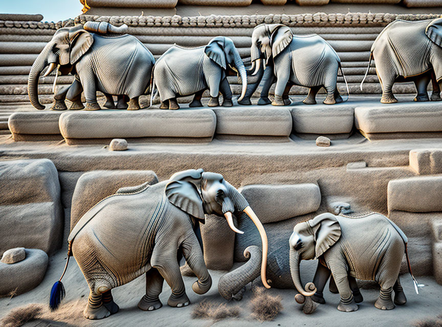 Detailed Sand Sculpture: Herd of Elephants on Tiered Levels