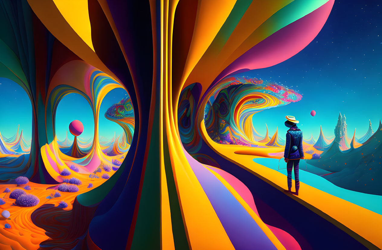Colorful surreal landscape with swirling patterns and floating spheres under starry sky