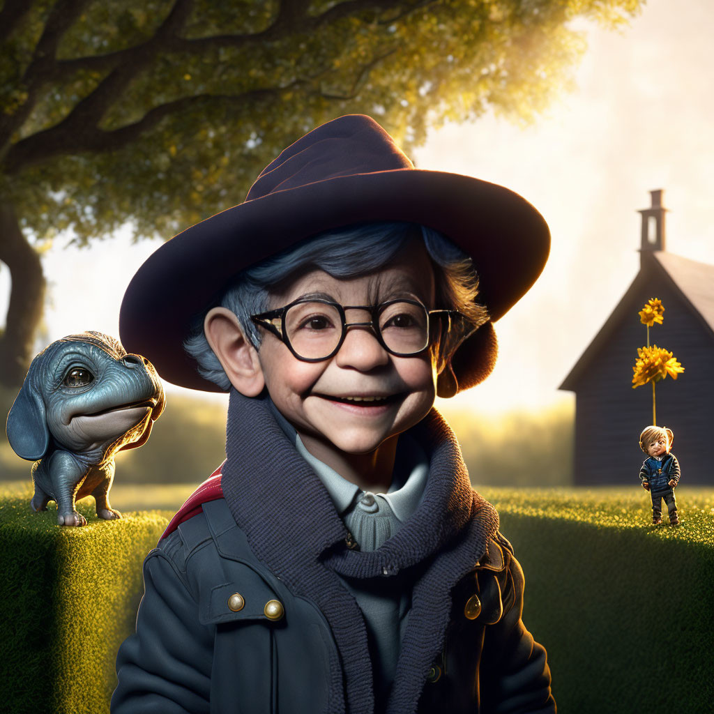Stylized image of a boy with a miniature version and dinosaur in whimsical outdoor scene
