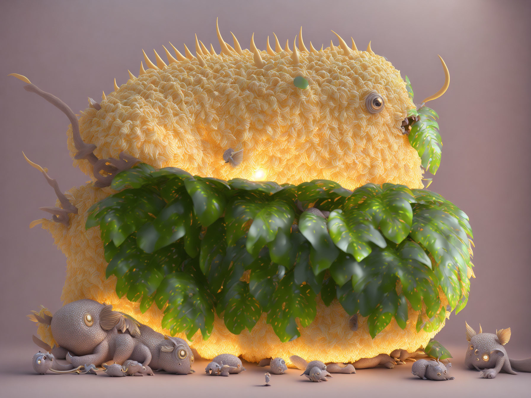Lemon-textured creature with leaf wings and miniatures on soft background