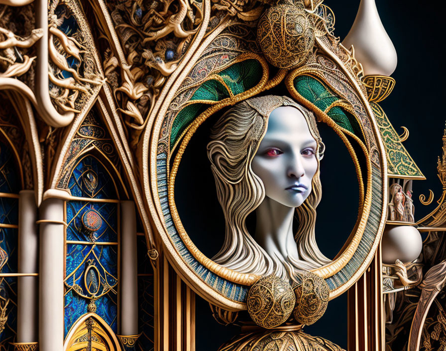Surreal digital artwork: Stylized female face with golden Gothic architecture.