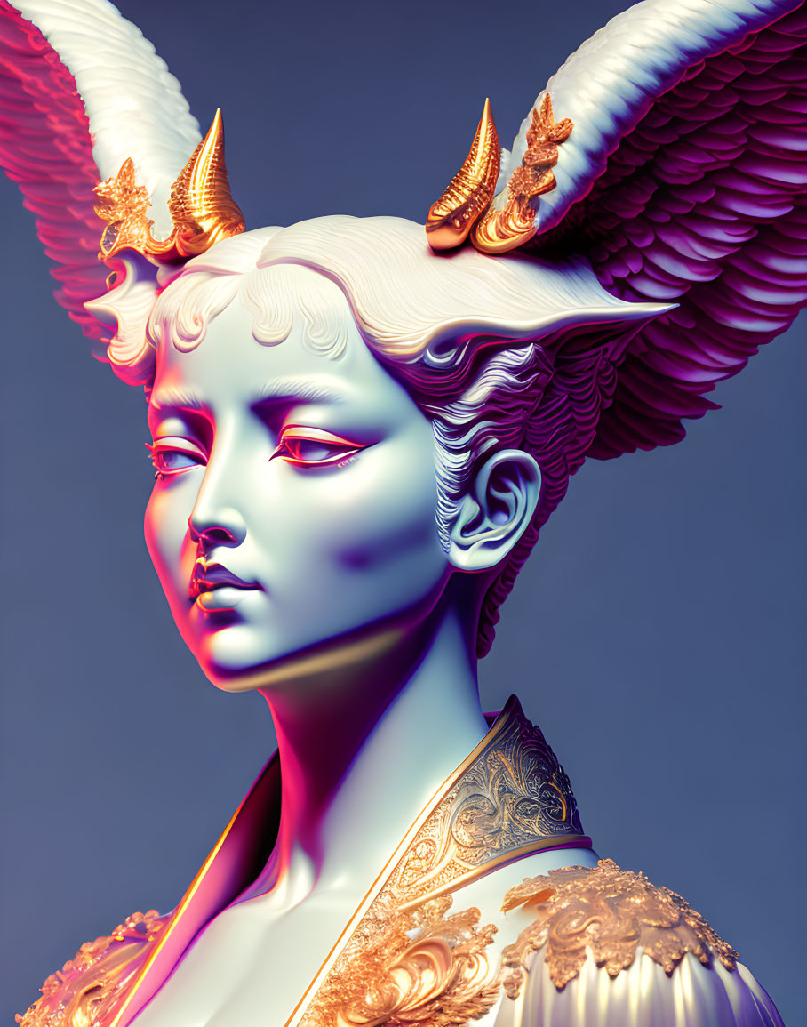 Digital portrait: Pale figure with winged headpiece, white & gold collar, red eyeshadow