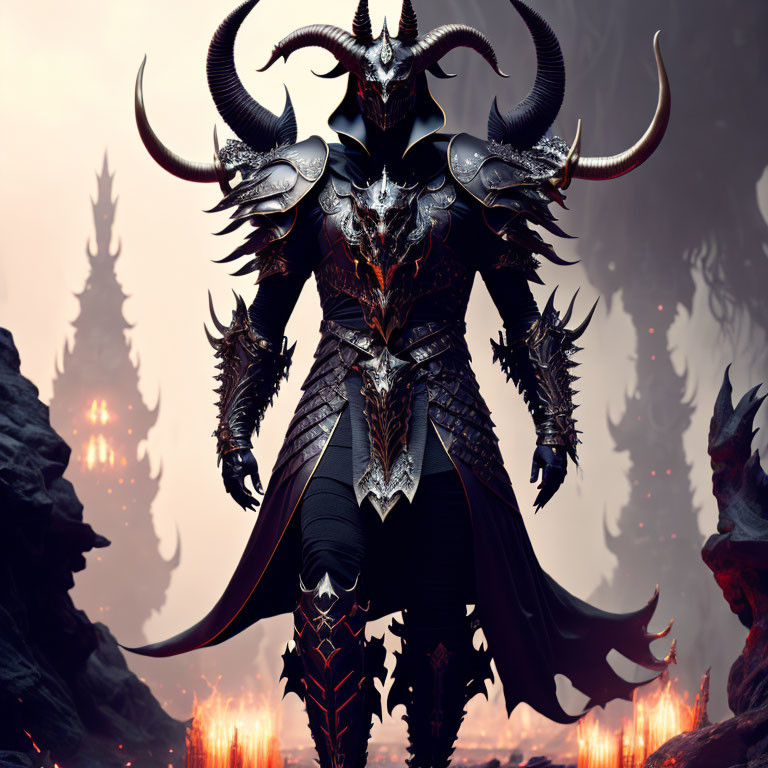Dark Fantasy Art: Armored Figure with Horns in Hellish Landscape