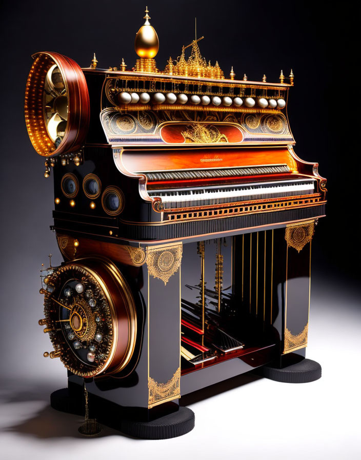Steampunk-style grand piano with golden embellishments on dark background
